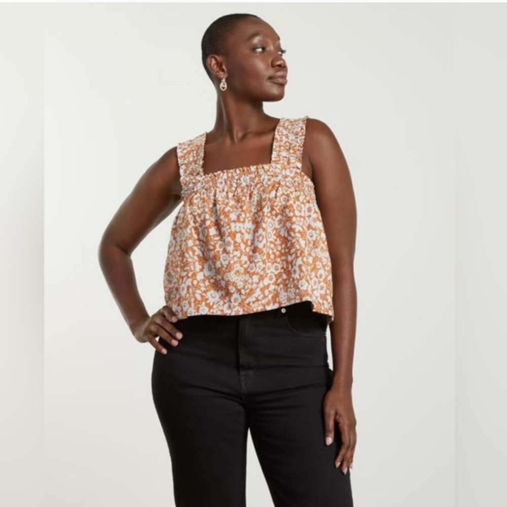 Everlane smocked Floral Orange Tank Top